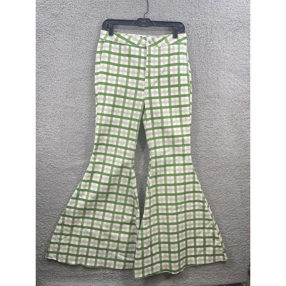 New Free People Float on Flare Green Plaid High Rise Wide Leg Flare Jeans - Picture 2 of 6